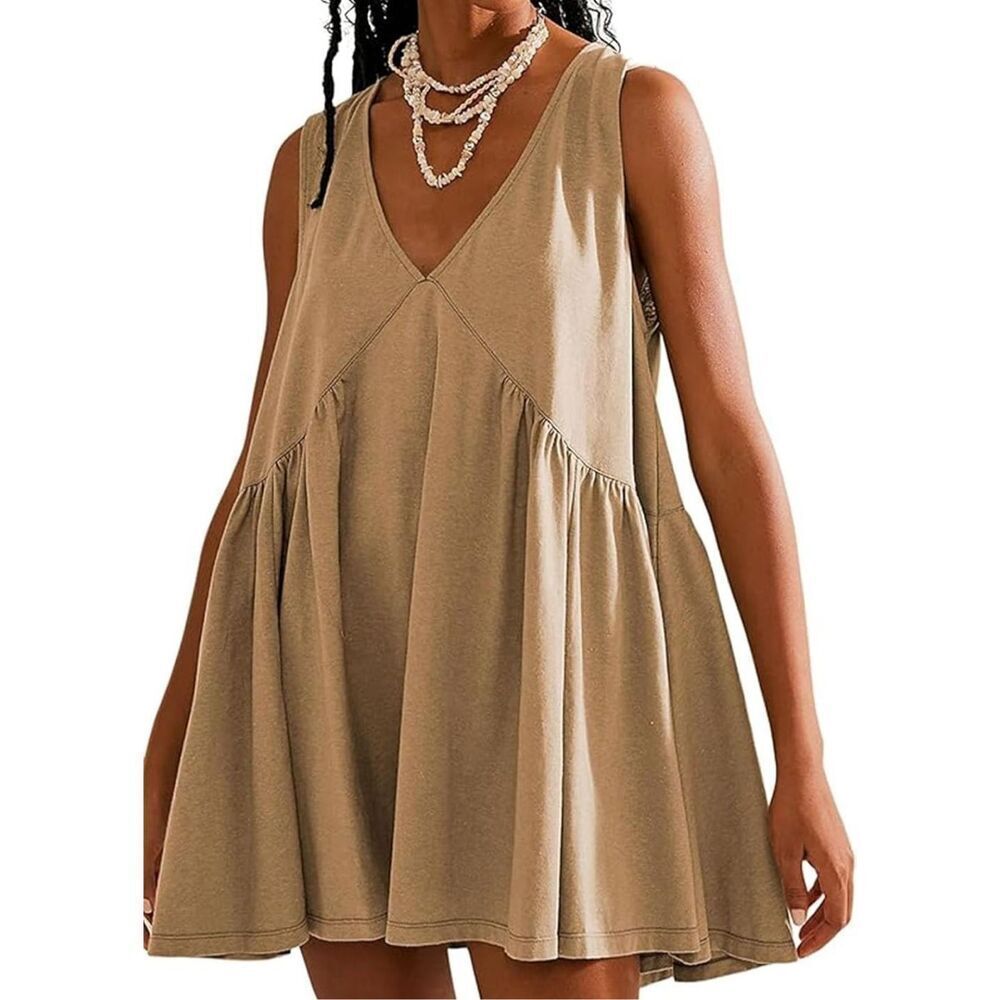 NEW 100% Cotton V Neck Tank Dress Loose Fit Casual Mini Dress Pockets XL